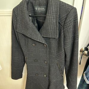 Plaid, double-breasted peacoat